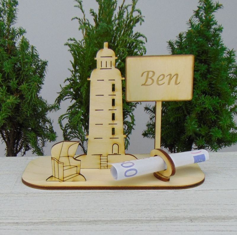  - Geldgeschenkset ★ Leuchtturm aus Holz mit Aufschrift - Wunschname Ben