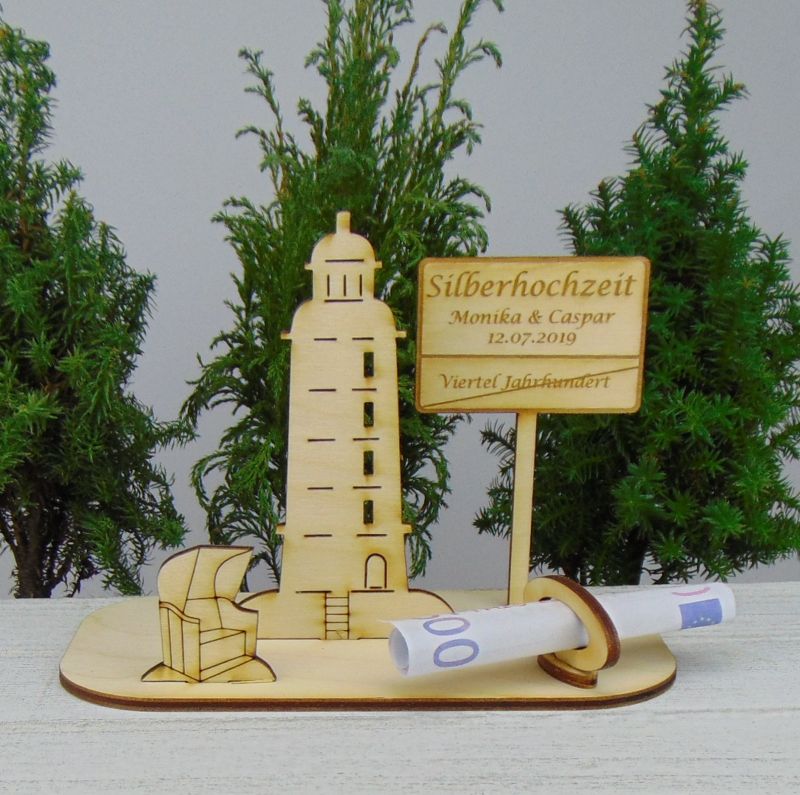  - Geldgeschenkset  ★ Leuchtturm aus Holz mit Aufschrift - Silberhochzeit / Viertel Jahundert