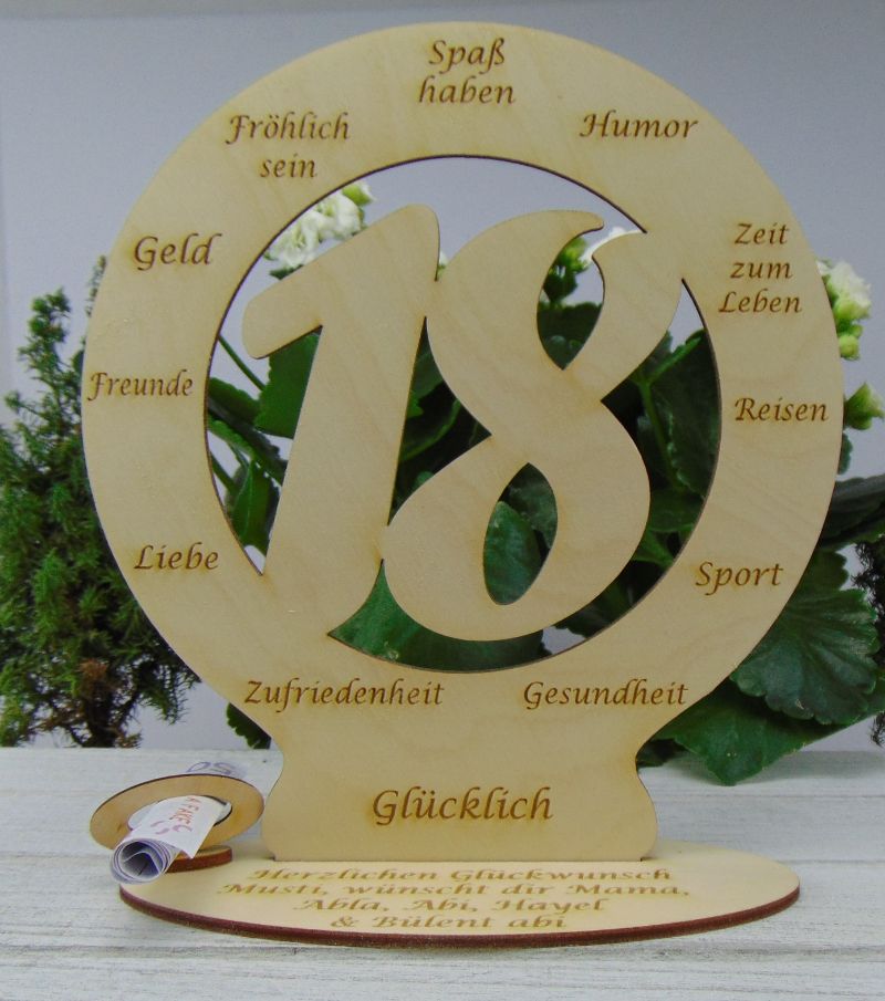  - Zum 18. Geburtstag Geldgeschenk Personalisiertes Geschenk als wunderschöne Tischdekoration Plauener 18cm 