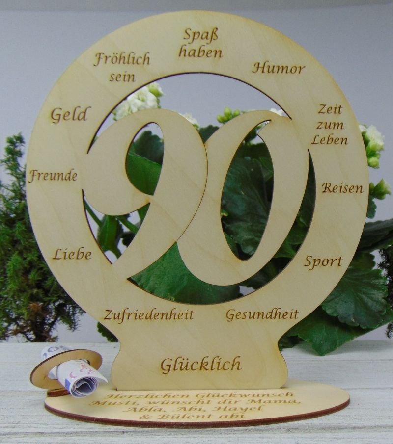  - Zum 90. Geburtstag Tischdekoration aus Holz Geldgeschenk Personalisierter Tischschmuck Plauener 18cm 