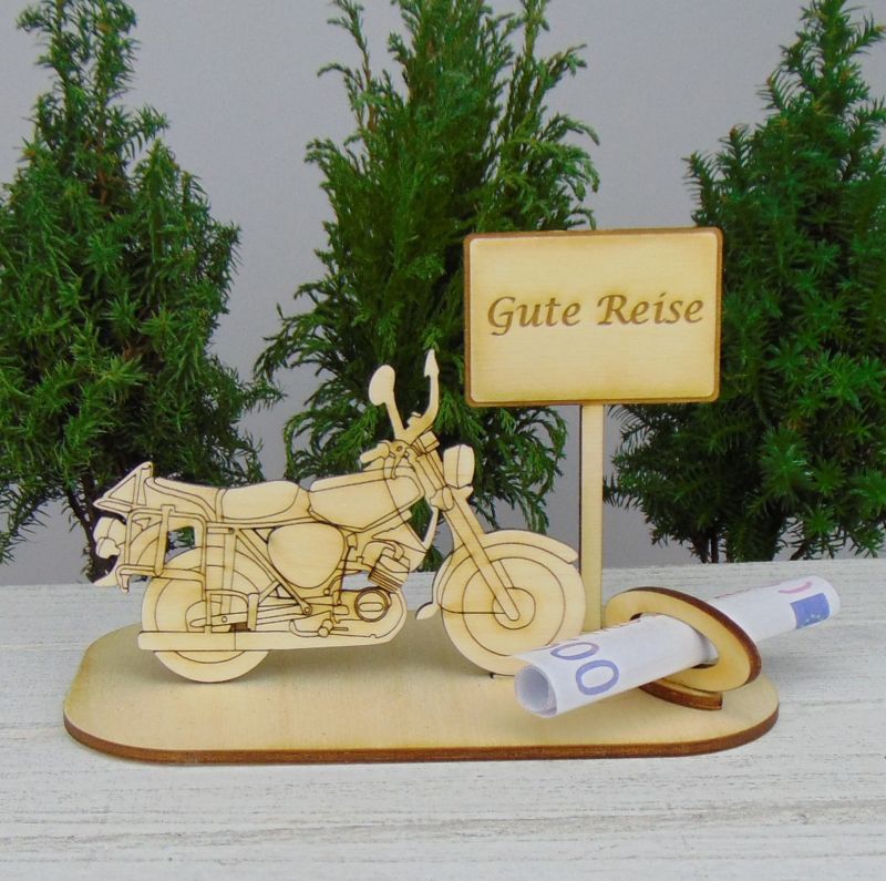  - Gutscheingeschenkset  ★ Moped aus Holz mit Aufschrift Gute Reise