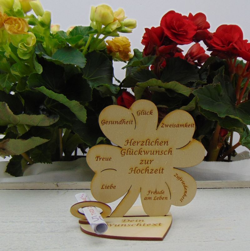  - Geld- und Gutscheingeschenk ♥ mit Personalisierung ♥ Hochzeit ♥ Kleeblatt 11 cm ♥ Holz