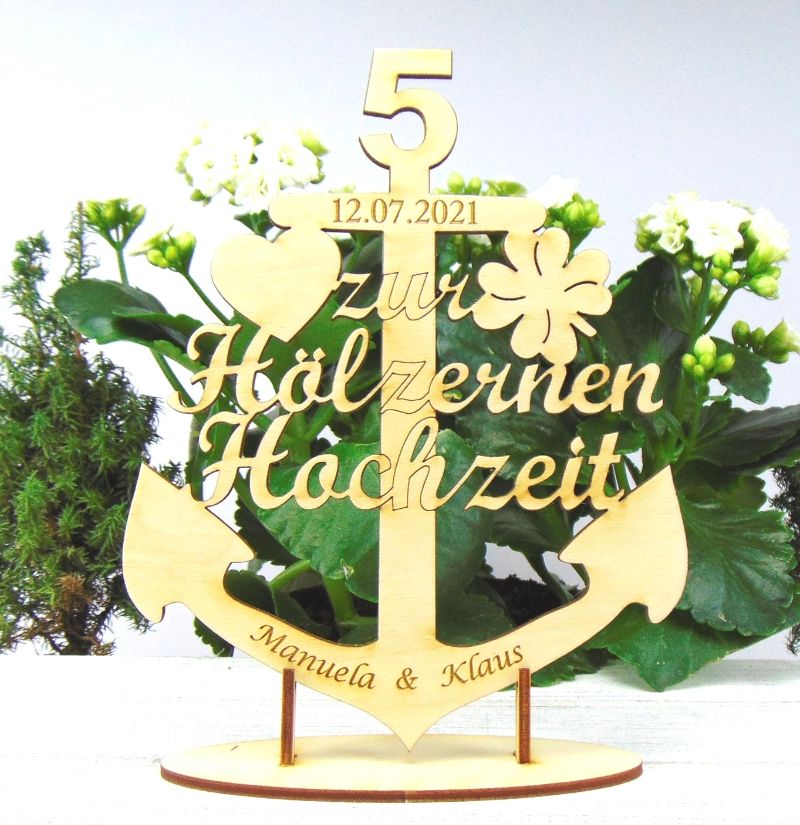  - Hölzerne Hochzeit Anker Maritim Personalisiertes Hochzeitsgeschenk ♥ 17,5 cm mit Ständer zum Hinstellen