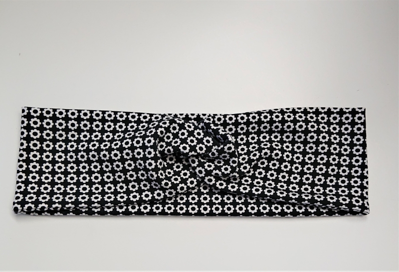  - Stirnband , Knotenstirnband, Turbanstirnband, Bandeau, Haarband mit kleinen Blümchen in schwarz weiß, handmade by la piccola Antonella