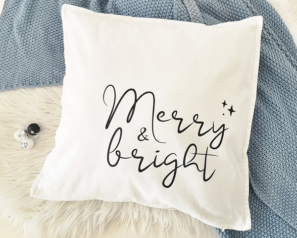  - Bügelbild Merry & bright, Aufbügler für Kissenbezug, Kissen, Kissenhülle, Geschirrtuch, schwarz oder weiß, Weihnachten