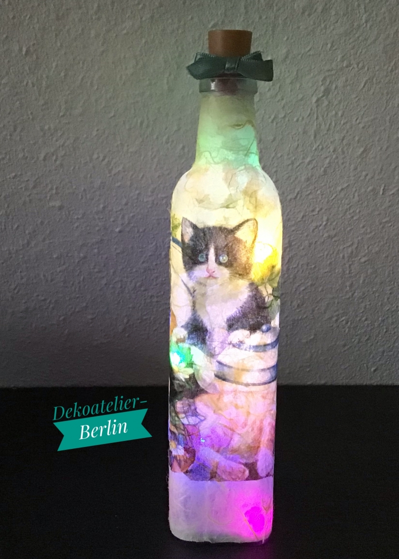  -  ♥ Leuchtflasche ♥ handmade ♥ Geschenk ♥️ upcycling ♥ Unikat  - Katzen1
