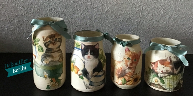  -  4 er Set Teelichtglas ♥ Herzen ♥️ Geschenk ♥️ upcycling ♥ Unikat - Katzen bunt