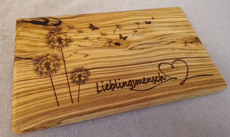  - Olivenholz Frühstücksbrett Schneidebrett Gravur Pusteblume  Lieblingsmensch Holz Brett Geschenk  