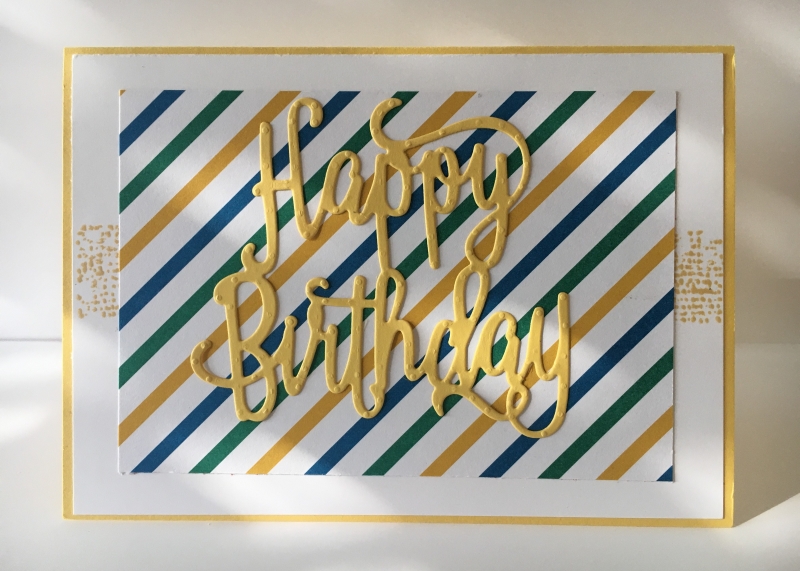  - Glückwunschkarte zum Geburtstag mit Grusstext  in Handarbeit gefertigt aus Karton in Grün,Gelb,Blau