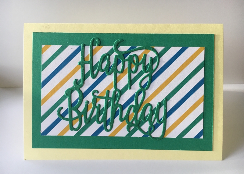  - Glückwunschkarte zum Geburtstag mit Grusstext  in Handarbeit gefertigt aus Karton in Grün,Gelb,Blau
