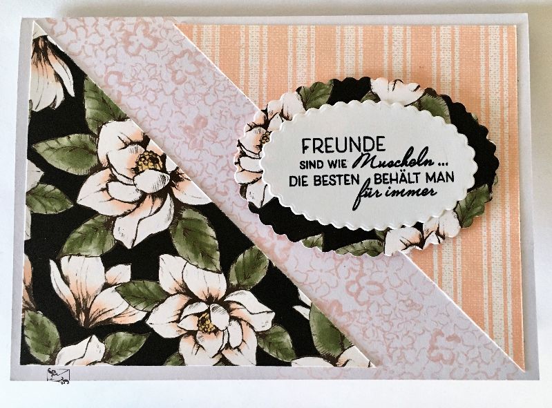  - Freundschaftskarte Grußkarte Handgefertigt in Schwarz-Blüten Rosa 