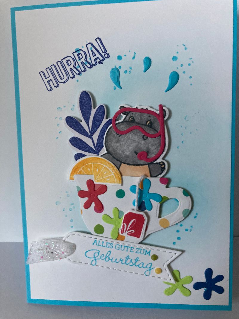  - Aufwendige Bunte 3D Geburtstagskarte für Kinder mit Hippo