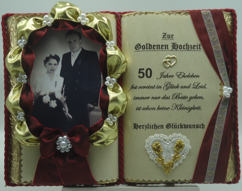  - Handgefertigtes, wunderschönes Deko-Buch zur Goldenen Hochzeit für Foto (mit Holz-Buchständer)