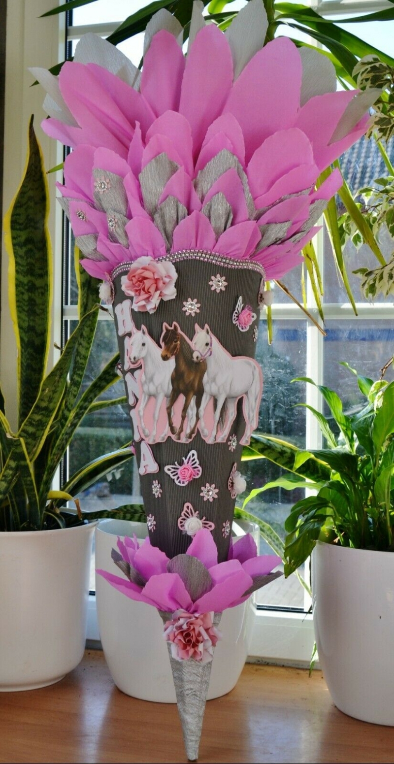  -   Schultüte Einhorn Pferd Pegasus Zuckertüte für Mädchen grau rosa