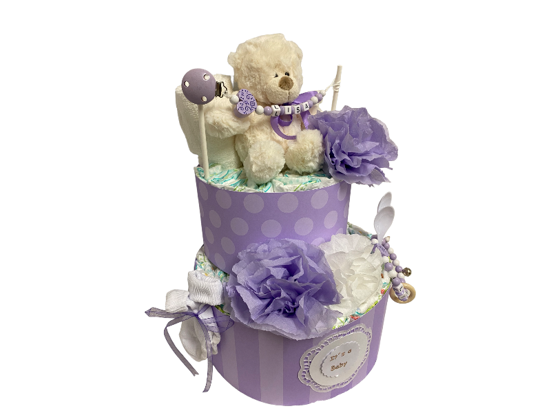  - Windeltorte Teddy Bär Pompom lila Flieder Lavendel weiß personalisiert mit Name Geschenk Taufe Geburt Babyparty  (Kopie id: 100301467) (Kopie id: 100301468) (Kopie id: 100315363)
