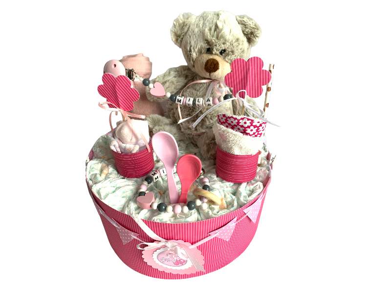  - Windeltorte Teddy Bär  Bärchen rosa grau  weiß personalisiert mit Name Geschenk Taufe Geburt Babyparty    (Kopie id: 100301478) (Kopie id: 100315355) (Kopie id: 100315369)