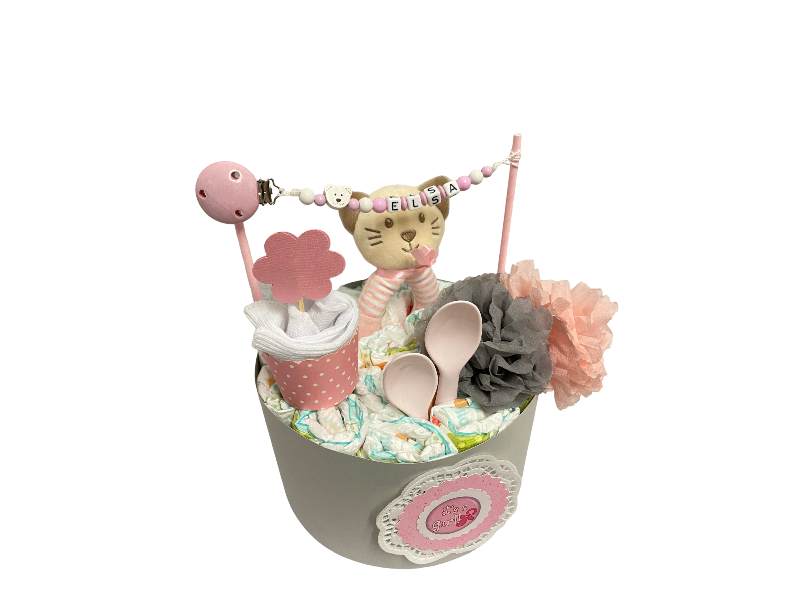  - Windeltorte Minitorte Geburt geschenk taufe babyparty babyshower schnullerketten baby boy Schaf Hund Teddy katze Kuchen rosa personalisiert name 