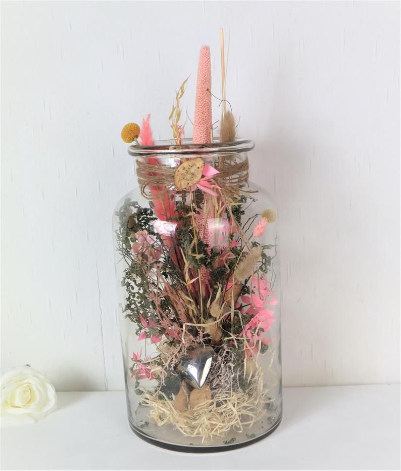 - Trockenblumendeko, getrocknete Blumen im Glas, Tischdeko, Tischgesteck 