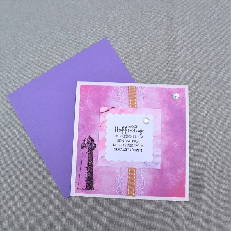  - Glückwunschkarte neutral, Karte zum Geburtstag Jubiläum Hochzeit, mit Leuchtturm, rosa lila