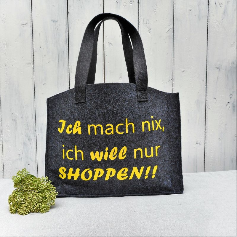 - Handtasche aus Filz Shopper mit lustigem Spruch Tasche grau gelb