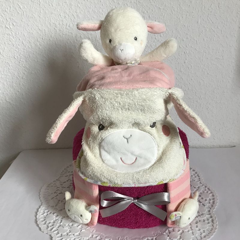  - Schaf Windeltorte Mädchen bestellen Geschenk Ideen Babyparty Geburt Taufe Schmusetuch Lätzchen Rasselsöckchen rosa pink