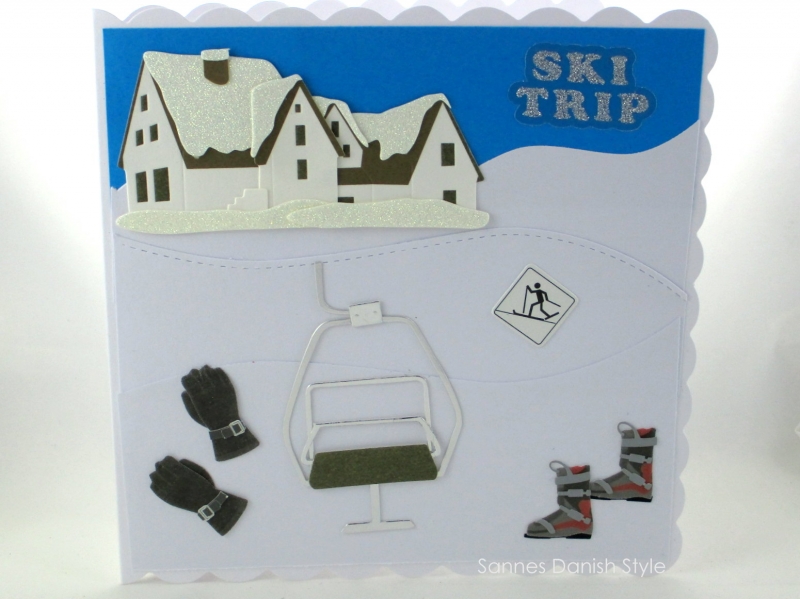  - Geburtstagskarte, Glückwunschkarte für Skiurlauber, mit Skilift, Hotel und Skiläufer, die Karte ist ca. 15 x 15 cm