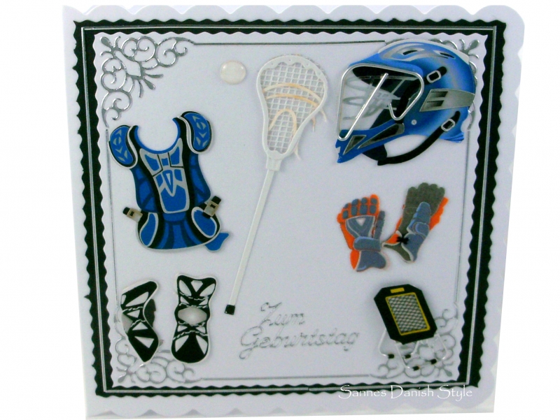  - Lacrosse Grußkarte, Lacrosse Ausrüstung, Helm, Schutzhandschuhe, Glückwunschkarte, Schicke Geburtstagskarte , ca. 15 x 15 cm
