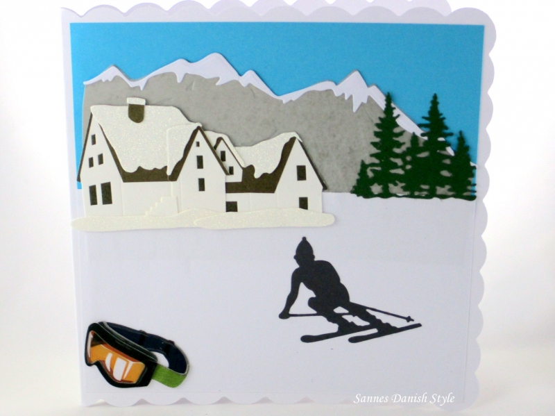  - Grußkarte, Geburtstagskarte, Glückwunschkarte für Skiurlauber, mit Hotel, Skibrille und Skiläufer, die Karte ist ca. 15 x 15 cm