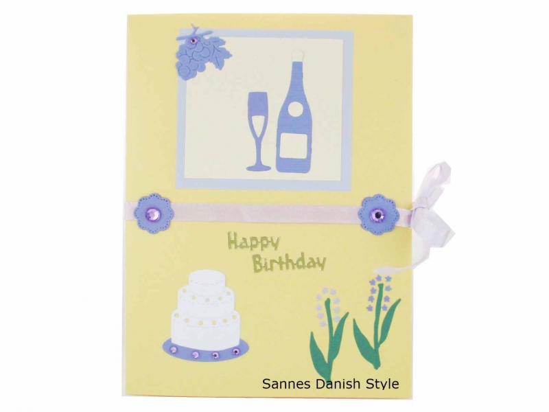  - XL Geburtstagskarte mit Geburtstagstorte, Flasche und Glas, schöne Schleifenband und Einlageblatt, Lilatöne, schnell bestellen, die Karte ist ca. DIN A5 Format