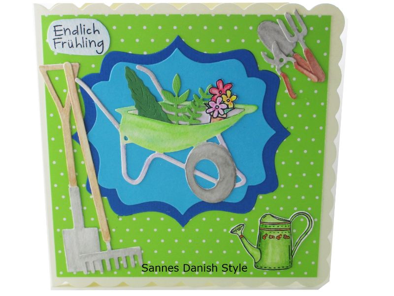  - Glückwunschkarte, Geburtstagskarte, 3D Grußkarte für Gartenfreunde, Blumentöpfe und Gartengeräte, Aquarellkarte, die Karte ist ca. 15 x 15 cm