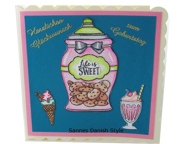  - Geburtstagskarte mit Eis und Kekse, für den süßen Zahn, Schöne Geburtstagskarte in überwiegend Türkis und Rosa gehalten, die Karte ist ca. 15 x 15 cm