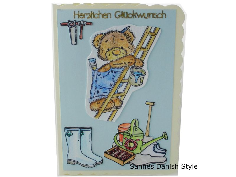  - Geburtstagskarte Garten und Mal Arbeiten, mit Bär auf Leiter, Text Herzlichen Glückwunsch, die Karte hat ca. DIN A6 (14,8 x 10,5 cm) Format