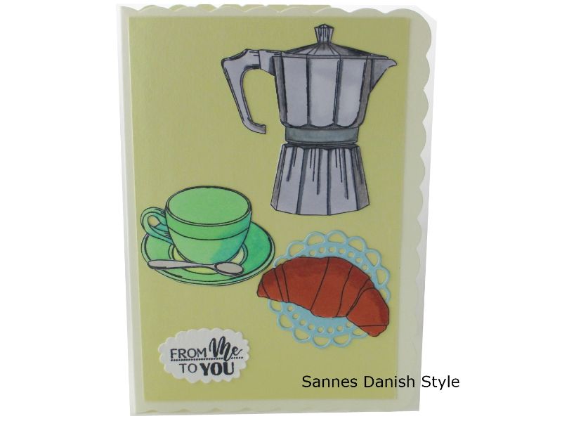  - 3D Grußkarte, Kaffee, Kaffeetasse und Croissant, man gönnt sich sonst nix Grußkarte, die Karte hat ca. DIN A6 (14,8 x 10,5 cm) Format