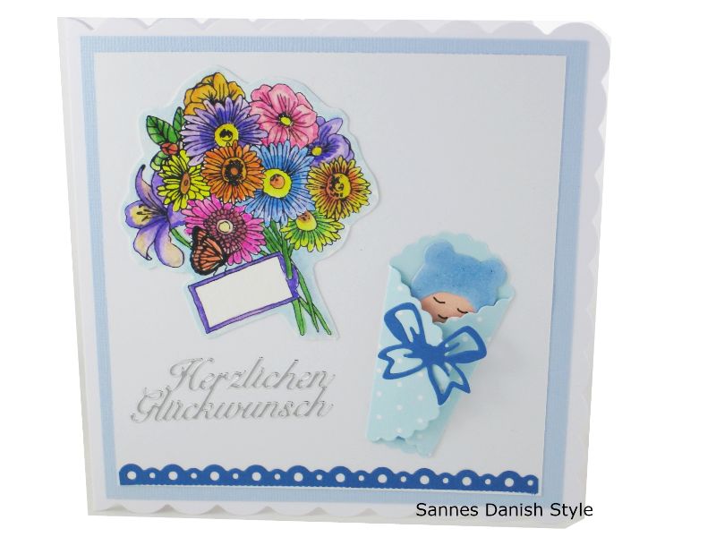  - Babykarte, mit Baby und Blumen, Herzlichen Glückwunsch, Aquarell und Marker, die Karte ist ca. 15 x 15 cm