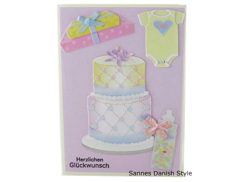  - Schöne Babykarte, für Jungen und Mädchen, Große Torte, Strampler und Geschenke, Geburtskarte, die Karte ist DIN A6 (14,8 x 10,5 cm) Format)