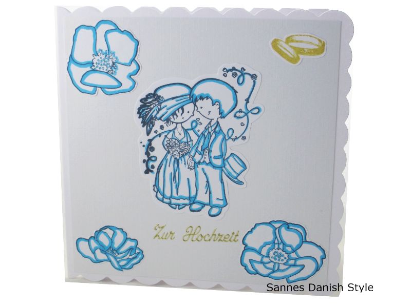  - Verspielte Hochzeitskarte mit Brautpaar, Ringe und Blumen, die Karte ist ca 15 x 15 cm