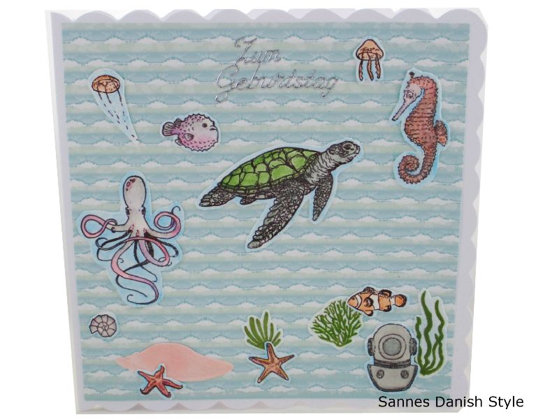  - Geburtstagskarte mit Meerestiere, Schildkröte, unter Wasser Karte, Karte, Quallen, Fische, Taucherhelm und Pflanzen, die Karte ist ca. 15 x 15 cm