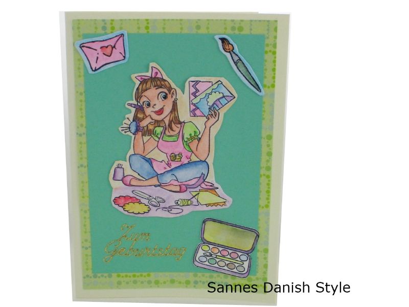  - Geburtstagskarte, Kreative Frau, Bastlerin, mit Frau und Bastelsachen, süße Geburtstagskarte, die Karte hat ca. DIN A6 (14,8 x 10,5 cm) Format