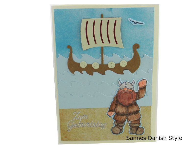  - 3D Wikingerkarte, Geburtstagskarte mit Wikinger und Segelboot. Wikinger mit Aquarellfarben koloriert, die Karte hat ca. DIN A6 (14,8 x 10,5) Format