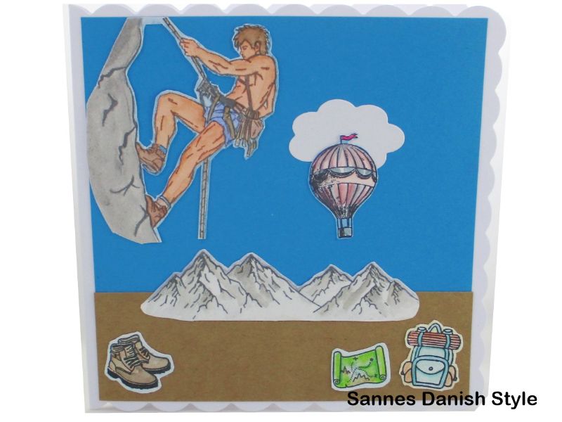  - Geburtstagskarte für Bergsteiger, mit Bergsteiger, Bergkletterer, Berge im Hintergrund und Heißluftballon, per Hand gemachte Grußkarte, die Karte ist  ca. 15 x 15 cm