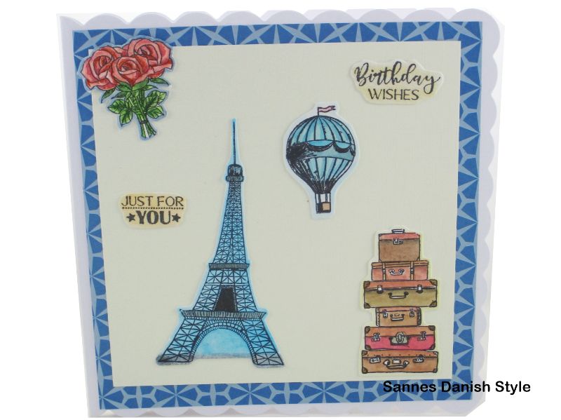  - Urlaubskarte Paris, Urlaubswünsche, Aquarellkarte mit Rosen, Heißluftballon und Koffer, für die Reise, die Karte ist ca. 15 x 15 cm