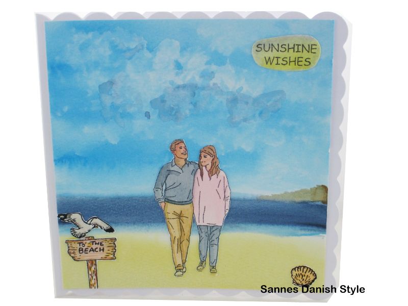  - Ferienkarte mit Paar am Strand, Strandurlaub, Spaziergang am Strand, Urlaub am Meer, die Karte ist ca. 15 x 15 cm
