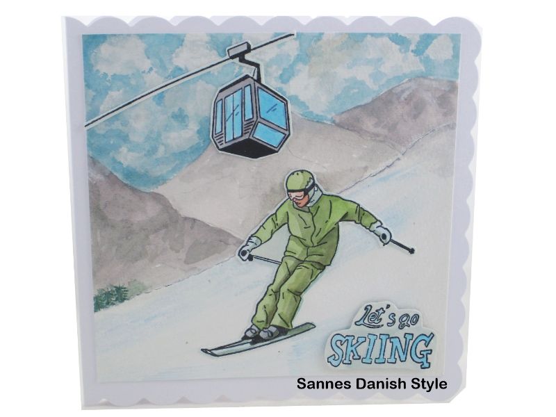  - Glückwunschkarte für Skiurlauber, mit Skifahrerin, Piste und Berge, Gondel, Einladungskarte oder Geldgutschein, die Karte ist ca. 15 x 15 cm