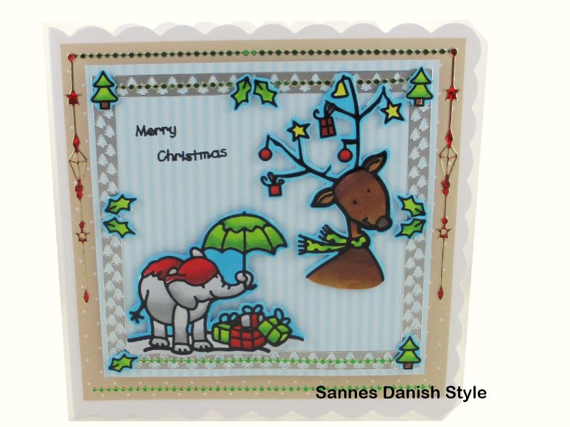  - 3D Weihnachtskarte, mit Reh und Elefanten, Aquarellkarte, Weihnachtskarte mit Sticker, mit Marker koloriert, 3D Karte, die Karte ist ca. 15 x 15 cm