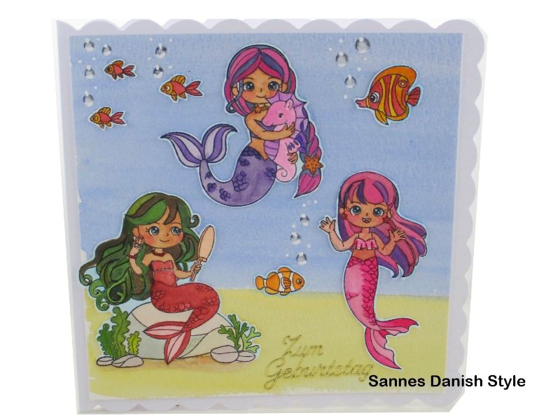  - 3D Geburtstagskarte mit kleine Meerjungfrauen. Schöne Geburtstagskarte mit Meerjungfrauen, süße Fische und Luftblasen, die Karte ist ca. 15 x 15 cm)