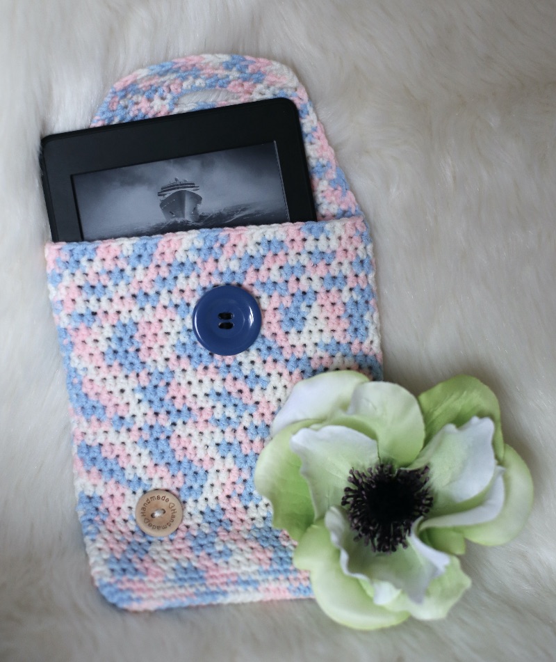  - e-Reader Tasche, Tablet Tasche, gehäkelt, zartes Babyrosa - Babyblau