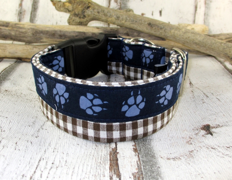  - Hundehalsband Paws blau/braun Halsband Nylonhalsband Hund verstellbar Zugstopp oder Klickverschluss Kunststoff oder Metall Verschluss