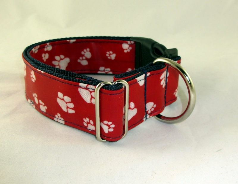  - Hundehalsband Paws rot/dunkelblau Nylon Halsband verstellbar abwischbar wasserfest schmutzabweisend wahlweise mit Klickverschluss Kunststoff oder Metall oder Zugstopp Verschluss 