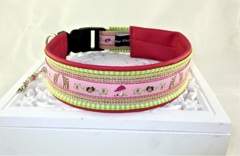  - Hundehalsband Fairytale pink/grün Halsband mit Klickverschluss Kunststoffverschluss oder Metallverschluss wahlweise mit Zugstopp und gepolstert Kunstleder