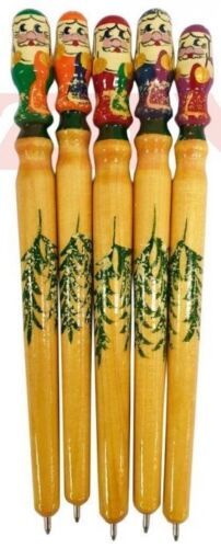  - Set mit je 3 Bunt-/Bleistiften und 5 Kugelschreiber, Holz, im Matroschka-Stil, neu, Holz handbemalt, Unikate